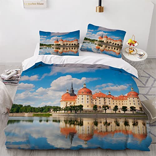 NUYSP Bettbezug Set Dresdner Schloss Bettwäsche 135x200 mit 2 Kissenbezug 3D Druck Moritzburg Bettwäsche Set Mikrofaser Bettbezüge mit Reißverschluss für Kinder Zimmer Dekor von NUYSP