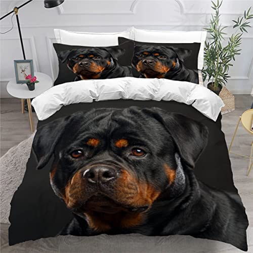 NUYSP Bettbezug Set Rottweiler Bettwäsche 135x200cm mit 2 Kissenbezug 3D Druck Haustier Hund Bettwäsche Set Mikrofaser Bettbezüge mit Reißverschluss für Kinder Teenager Zimmer Dekor von NUYSP