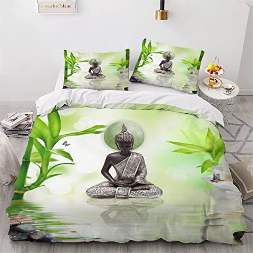 NUYSP 3 teilig Bettwäsche-Set Kinder Bambus Buddha-Statue Bettbezug 135x200 mit Reißverschluss Sommer Leicht Mikrofaser Zen Betten Set Atmungsaktive Bettbezüge mit 2 Kissenbezug 80x80cm von NUYSP