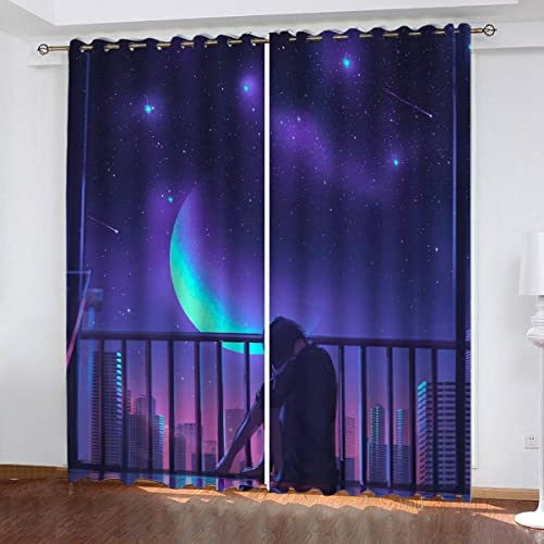 NUYSP Anime Gardinen mit ösen B 200 X H 160 cm Sterne Mond Schallschutz Polyester Vorhang Blickdicht für Mädchen Jugendzimmer Wohnzimmer Modern Dekoration Verdunkelung Vorhänge 2er Set von NUYSP
