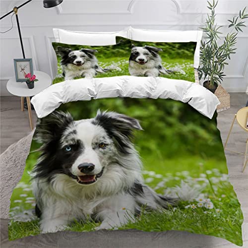 NUYSP Bettbezug Set Border Collie Bettwäsche 135x200cm mit 2 Kissenbezug 3D Druck Haustier Hund Bettwäsche Set Mikrofaser Bettbezüge mit Reißverschluss für Kinder Teenager Zimmer Dekor von NUYSP
