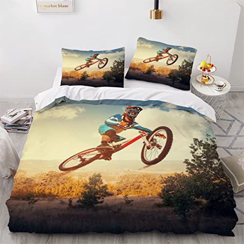 NUYSP Bettwäsche 135x200 Kinder Mountainbike Bettwäsche-Set 3D Jungen Mädchen Moto-Cross Bettbezug mit Reißverschluss Weich Mikrofaser Kinderbettwäsche Bettbezüge mit 2 Kissenbezug 80x80cm von NUYSP