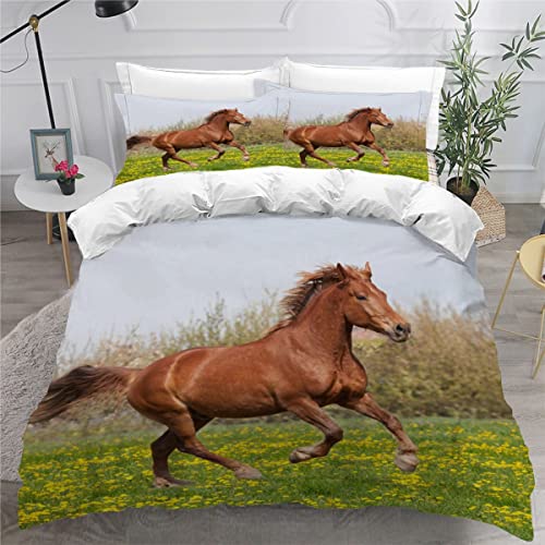 NUYSP Bettwäsche 155x220 Pferd Doppelbett Bettbezug Set für Kinder 3D Druck Pferderennen Bettwäsche Set 3 Teilig mit 2 Kissenbezug Mikrofaser Bettbezug mit Reißverschluss von NUYSP