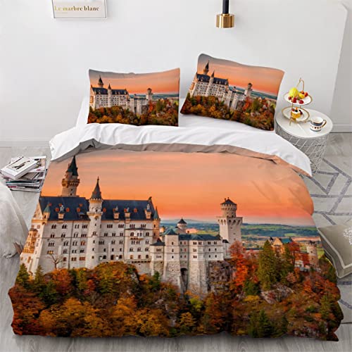 NUYSP Bettwäsche 220x240 Schloss Neuschwanstein, Bayern Doppelbett Bettbezug Set 3D Druck Sonnenuntergang Landschaft Bettwäsche Set 3 Teilig mit 2 Kissenbezug Mikrofaser Bettbezug mit Reißverschluss von NUYSP