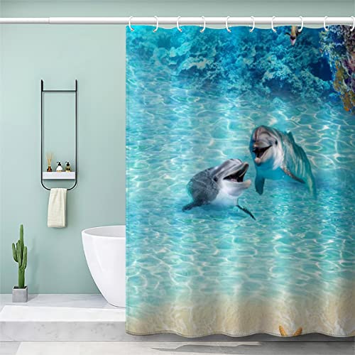 NUYSP Delphin Strand Duschvorhang Polyester Textil Waschbar Duschvorhänge 240x200 cm mit 12 Hooks Anti-Schimmel Wasserabweisend Badvorhang Sommer Ozean Badewanne Vorhang für Badezimmer von NUYSP