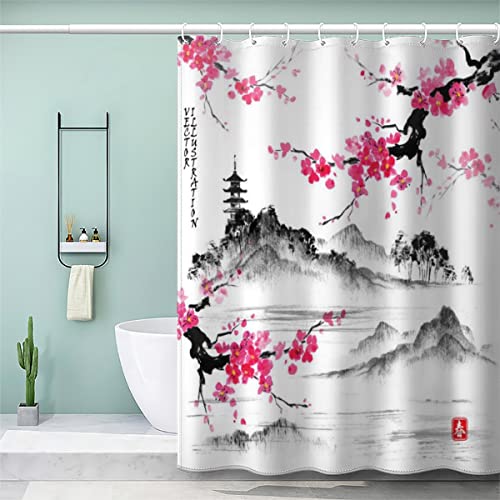 NUYSP Duschvorhang 180x180 cm Kirschblüten See Hügel Anti-Schimmel Wasserabweisend Japanischer Stil Duschvorhänge mit 12 Hooks 3D Motiv Textil Waschbar Bad Vorhäng Anti-Bakteriell Shower Curtain von NUYSP