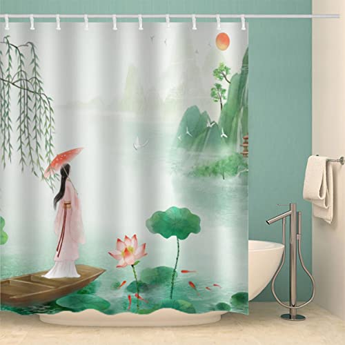 NUYSP Duschvorhang Chinesischer Stil Anti-Schimmel Duschvorhänge 180x200 cm mit 12 Hooks Polyester 3D Motiv Kleine Frische Tuschemalerei Badvorhang Badewanne Vorhang für Badezimmer von NUYSP