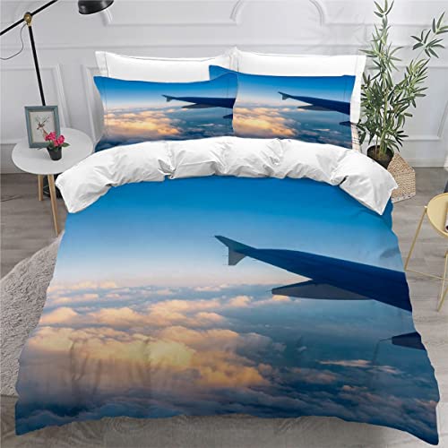 NUYSP Flugzeug Bettwäsche 155x220 Kinder Jungen Bettwäsche-Set 3D Drucken Sonnenuntergang Flugzeug Bettbezug Set mit Reißverschluss Weich Mikrofaser Kinderbettwäsche mit 2 Kissenbezug 80x80cm von NUYSP