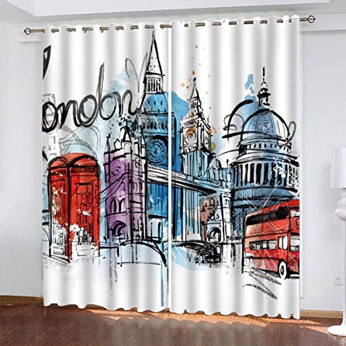 NUYSP Handgezeichnetes Muster Gardinen mit ösen B 140 X H 160 cm Schallschutz Polyester Vorhang Londoner Landschaft Jugendzimmer Dekoration Verdunkelung Vorhänge 2er Set von NUYSP