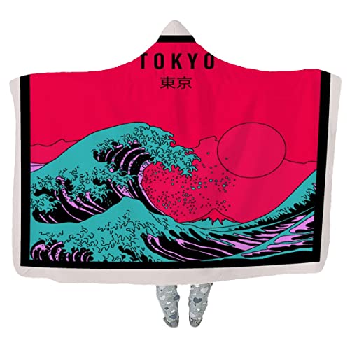 NUYSP Japan Ukiyo-e Decke mit Kapuze Warmer Winter Weich Sherpa Kapuzendecke Erwachsene Flauschige TV Sofa Decken 3D Japanische Kunst Kuscheldecke （150x200） von NUYSP