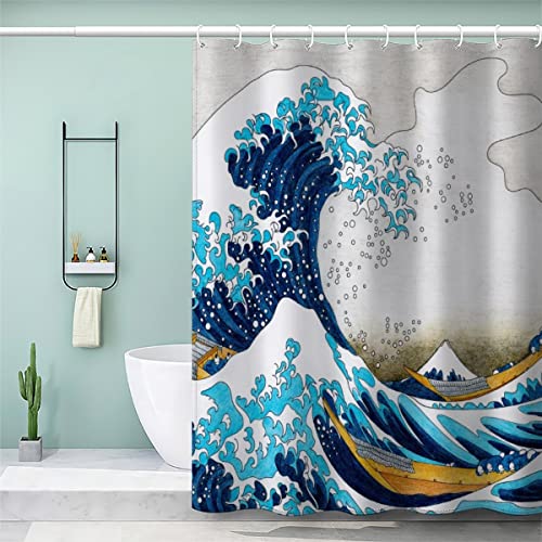 NUYSP Kanagawa Japan Duschvorhang Polyester Textil Waschbar Duschvorhänge 240x200 cm mit 12 Hooks Anti-Schimmel Wasserabweisend Badvorhang Große Wellen Badewanne Vorhang für Badezimmer von NUYSP