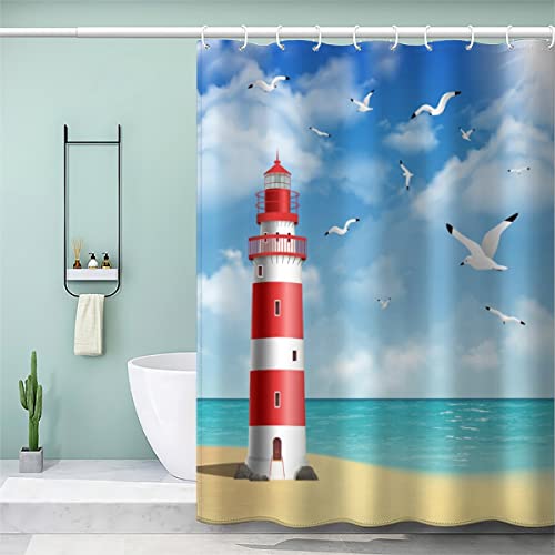 NUYSP Leuchtturm Möwe Duschvorhang Polyester Textil Waschbar Duschvorhänge 240x200 cm mit 12 Hooks Anti-Schimmel Wasserabweisend Badvorhang Sommer Ozean Badewanne Vorhang für Badezimmer von NUYSP