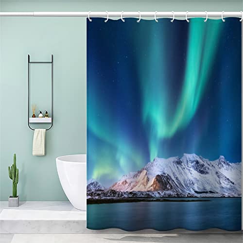 NUYSP Nordlichter Duschvorhang Polyester Textil Waschbar Duschvorhänge 240x200 cm mit 12 Hooks Anti-Schimmel Wasserabweisend Badvorhang Norwegische Naturlandschaft Badewanne Vorhang für Badezimmer von NUYSP