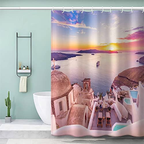 NUYSP Santorin Duschvorhang Polyester Textil Waschbar Duschvorhänge 240x200 cm mit 12 Hooks Anti-Schimmel Wasserabweisend Badvorhang Sonnenuntergang Badewanne Vorhang für Badezimmer von NUYSP