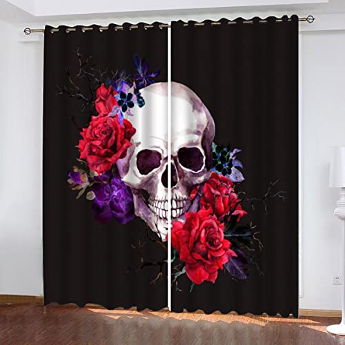 NUYSP Schädel-rote Rose Gardinen mit ösen B 140 X H 160 cm Gotisch Schallschutz Polyester Vorhang Blickdicht für Mädchen Jugendzimmer Wohnzimmer Modern Dekoration Verdunkelung Vorhänge 2er Set von NUYSP