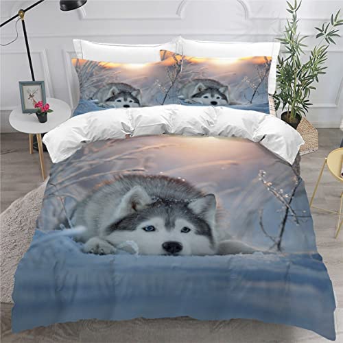 NUYSP Sibirischer Husky Bettwäsche 155x220 Kinder Bettwäsche-Set 3D Mikrofaser Jungen Mädchen Tier Hund Bettbezug mit Reißverschluss mit 2 Kissenbezug 80x80 von NUYSP