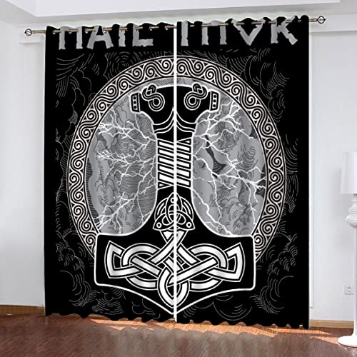 NUYSP Wikinger Gardinen mit ösen B 200 X H 160 cm Thors Hammer Schallschutz Polyester Vorhang Blickdicht für Mädchen Jugendzimmer Wohnzimmer Modern Dekoration Verdunkelung Vorhänge 2er Set von NUYSP