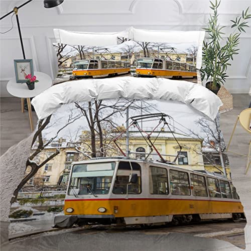 NUYSP Retro-Zug Bettwäsche-Set Einzelbett Bettbezüge mit Reißverschluss gelbe Straßenbahn Bettwäsche 135x200cm und 2 Kissenbezug 80x80cm, Hohe Dichte Mikrofaser Bettwäsche für Kinder Teenager von NUYSP