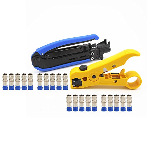 nuzamas Koax Kabel F-Stecker-Crimper Stripper Cutter Set RG6 RG59 RG11 Kompression Crimpen Cutting TV Kabel Hand Werkzeug 20 x F-Kompressionsstecker enthalten von NUZAMAS