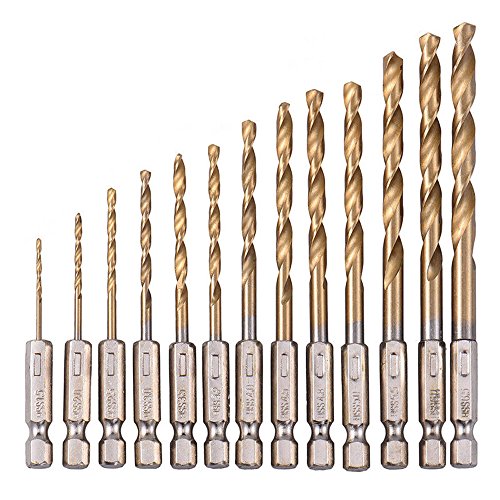 NUZAMAS 1/4 Zoll Sechskantschaft HSS-Bohrer, Set mit 13 Titan-beschichtete Bohrer, 1,5 mm - 6,5 mm, Schnellwechsel für Holzbearbeitung, Kunststoff von NUZAMAS