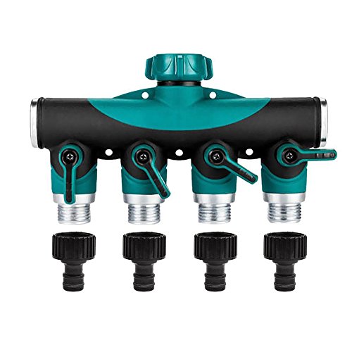 NUZAMAS 4-Wege-Schlauchverteiler, 4-Wege-Schlauchverbinder mit Absperrventilen, 1,9 cm Wasserhahn und Ausgänge, verwenden Sie bis zu 4 Schläuche auf einmal und 4 Schnellverbinder-Adapter von NUZAMAS