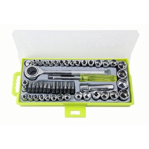 NUZAMAS 50-teiliges Steckschlüssel-Set, 6,35 mm (1/4 Zoll), 3/8 Zoll, umschaltbarer Ratschengriff, DR-Antrieb, Ratschenschlüssel, 12 Sechskant-Bits, Werkzeuge mit Koffer von NUZAMAS