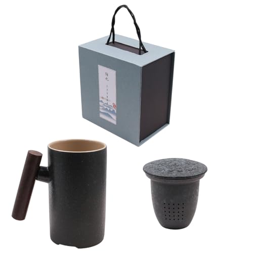 NUZAMAS Handgefertigte Vintage-Kaffeetasse aus Keramik im japanischen Stil, Holzgriff, Keramiktasse mit Filter und Deckel, Wassertrennung, Brühbecher für Heimbüro-Trinkgeschirr von NUZAMAS