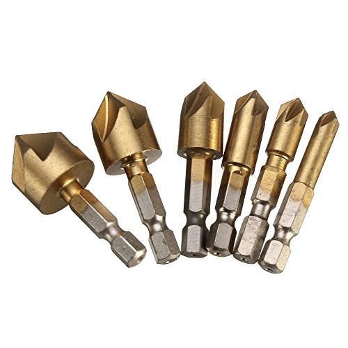NUZAMAS Set von 6 Senker Bohrer 5 Flöte 1/4 '' Sechskantschaft 90 Grad Titan Überzogen Kantenfräser Fräser Bohrer Größe: 6mm, 8mm, 9mm, 12mm, 16mm, 19mm von NUZAMAS