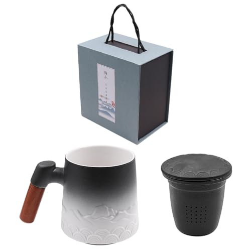 NUZAMAS Teetasse mit Teesieb und Deckel, 450 ml, Kaffeetasse mit Holzgriff, japanischer handgefertigter Tee, Keramikofen, glasiert, einzigartiges Muster für Geschenke, Schwarz und Weiß von NUZAMAS
