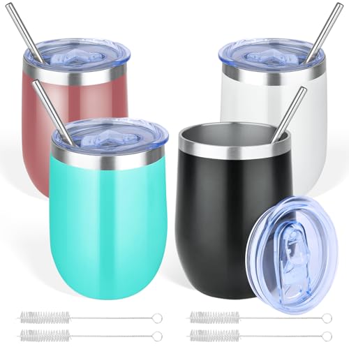 Weinbecher Edelstahl mit Deckel und Strohhalmpinsel: 4 Stück 12OZ Doppelwandige Vakuumisolierte Weingläser, Hält 5h Heiß/ 10h Kalt Trinkbecher, Kaffeebecher Travel Mug 12OZ U-Cup Double-Layer von NUZEKY