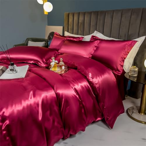 NUZIXINXW Bettwäscheset aus massiver Seide mit Bettbezug, Bettlaken, Kissenbezug, luxuriös, für Einzel- und Doppelpaare, Viskose-Satin, Kissenbezüge, Bettlaken, Weinrot, Queen-Size, 4-teilig von NUZIXINXW