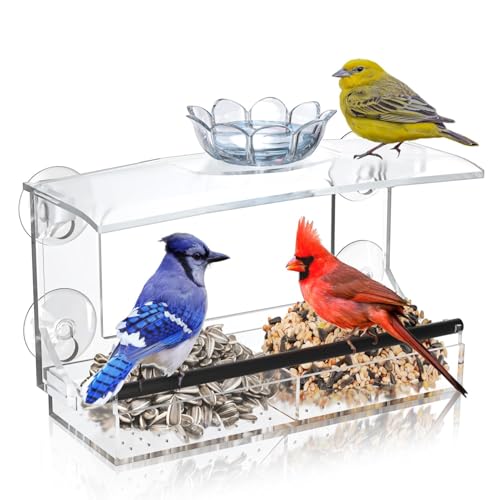 Vogelfutterstation für den Außenbereich, transparentes Acrylfenster, Vogelfutterspender mit starken Saugnäpfen und abnehmbarer Samenschale, transparentes Vogelhaus zum Beobachten von Wildvögeln von NVARUPC