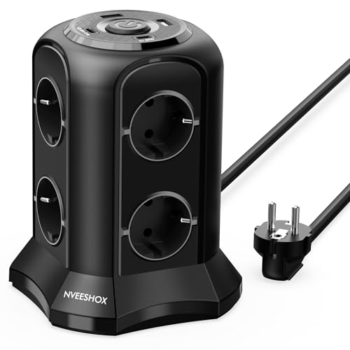 NVEESHOX Steckdosenleiste mit USB C 8 Fach Steckdosenturm Steckerleiste mit 2 USB-A & 2 USB-C,Mehrfachsteckdose Überspannungsschutz 4000W 16A mit 2M Extension Cord für Zuhause, Büro (Schwarz) von NVEESHOX
