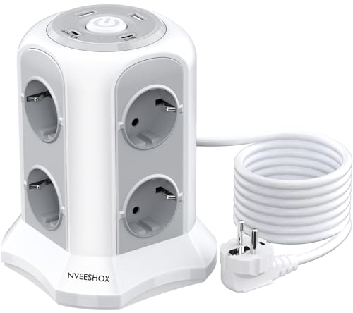 NVEESHOX Steckdosenleiste mit USB C 8 Fach Steckdosenturm Steckerleiste mit 2 USB-A & 2 USB-C,Mehrfachsteckdose Überspannungsschutz 4000W 16A mit 2M Extension Cord für Zuhause, Büro (Weiß) von NVEESHOX