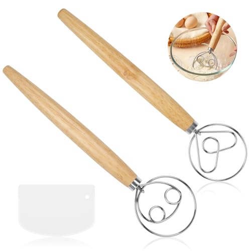 NVGVUP 2 Stück Dänischer Teigbesen, Dänische Teig Schneebesen Edelstahl mit Doppellöchern zum schnellen Mischen, 33 cm Eierschläger, Dänischer Schneebesen mit langem Holzgriff, ideal zum Kochen Backen von NVGVUP