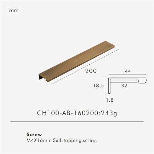 NVIIDRBL Massiver Messing-Schrankschubladen-Küchentürgriff, komfortabler, abgerundeter Rand, Lippenzug, verlängerte Länge, 1 Stück(CH100-AB-160200) von NVIIDRBL