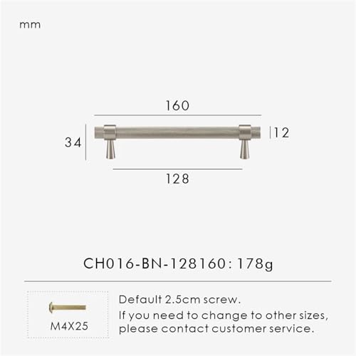 NVIIDRBL Massives Messing, matt gebürstetes Silber, gerändelter Küchenschrank-Lochgriff, T-Stange, Kleiderschrank, Tür, Schublade, 1 Stück(CH016-BN-128160) von NVIIDRBL