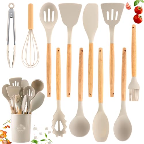 12 Stücke Kochutensilien Set, Silikon Küchenutensilien Kochbesteck Set, Küchenset mit Utensilienhalter, Antihaft Küchengeräte Set mit Holzgriff, Kochgeschirr, Küchen Utensil, Spülmaschinenfest von NVIYAM