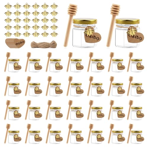 30 Stück Hexagon Mini Glas Honiggläser, 45 ml Einmachgläser Klein Marmeladengläser mit Holzlöffeln, goldenen Deckeln, Bienenanhängern, Mini-Honiggläser aus Glas für Geschenke und Hochzeitsgeschenke 30 Stück Hexagon Mini Glas Honiggläser, 45 ml Einmachgläser Klein Marmeladengläser mit Holzlöffeln, goldenen Deckeln, Bienenanhängern, Mini-Honiggläser aus Glas für Geschenke und Hochzeitsgeschenke von NVIYAM