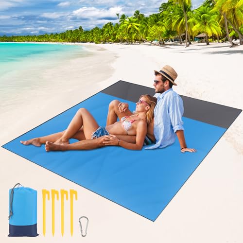NVIYAM Stranddecke Super Groß 210cm x 200cm wasserdichte Strandmatte Campingdecke Outdoor Picknickdecke Stranddecke Sandfrei Tragbar und Wasserdicht Inkl Tasche, 4 Heringen, Karabiner - Blau von NVIYAM