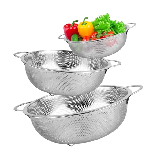 Sieb 3er-Set, Nudelsieb Edelstahl mit Griffen, Küchensieb Micro-Perforierte Hochglanzpoliert,Metall Küche Sieb für Nudeln Obst Reis,Gemüse, Reissieb Spülmaschinenfest, Abtropfsieb Seiher (16/22/28cm) von NVIYAM