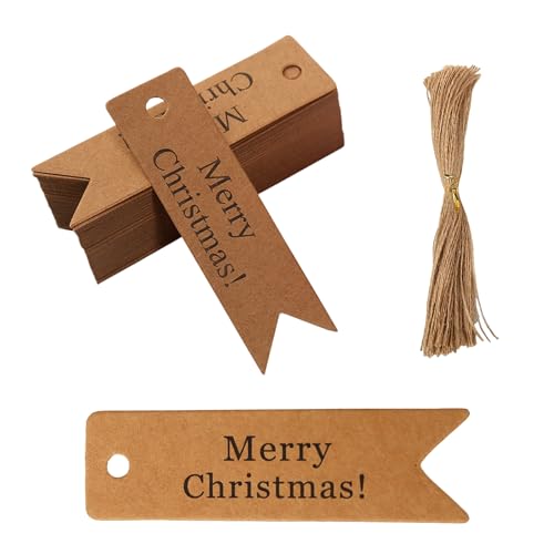 100 Stück Weihnachtsanhänger, Frohe Weihnachten, 2 x 7 cm, Kraftpapier, hängende Dekoration Tags mit Jute-Schnur, Etiketten zum Verpacken von Geschenken (braun) von NVTEGR