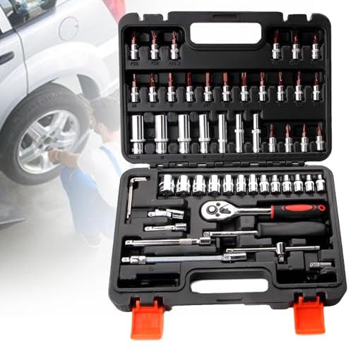 53-teiliges Autoreparatur-Werkzeugset, Steckschlüssel-Set Aus Chrom-Vanadium-Stahl Mit Box, Metrischer 1/4-Zoll-Ratschenschlüssel Und 4–14-mm-Messgeräte Für Zuhause, Auto, Fahrrad, Garage, Kofferraum von NVYAZJ