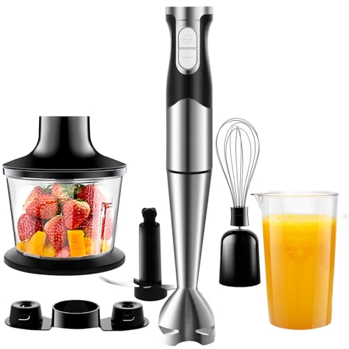 NWOUIIAY Stabmixer set 6-in-1 Pürierstab Edelstahl Set 1200W Stabmixer 600ml Messbecher, Schneebesen,Lebensmittelhacker,Lagerregal für die Zubereitung von Babynahrung Salaten Suppen und Gemüse von NWOUIIAY