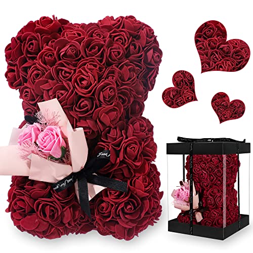 NWSX Rosenbär - Rose Teddybär auf jedem Rosenbären - Blumenbär Perfekt für Jubiläen, Mütter - Klare Geschenkbox inklusive! 10 Zoll groß (Wine red, 10in) von NWSX