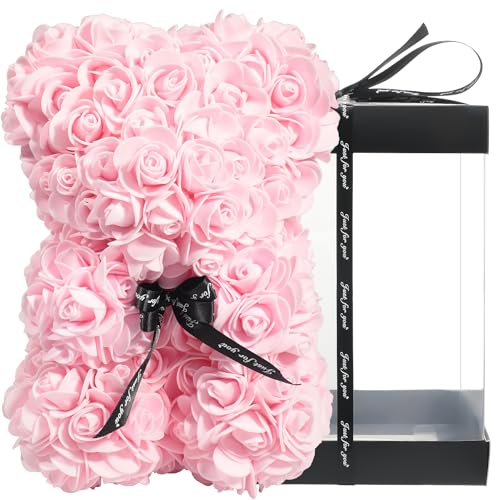 NWSX Rosenbär - Rose Teddybär auf jedem Rosenbären - Blumenbär Perfekt für Jubiläen, Mütter - Klare Geschenkbox inklusive! 10 Zoll groß (Light pink, 10in) von NWSX