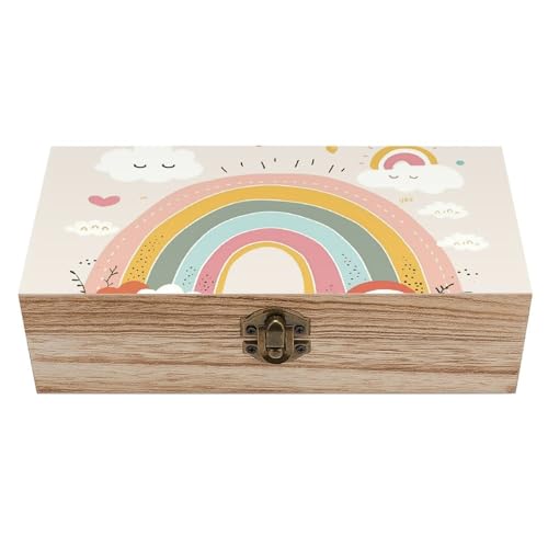 NWTPK Aufbewahrungsbox aus Holz, mit Regenbogen- und Wolkendruck, Erinnerungsbox, dekorative Box für Handwerk, Kunst, Hobbys und Raumdekoration von NWTPK