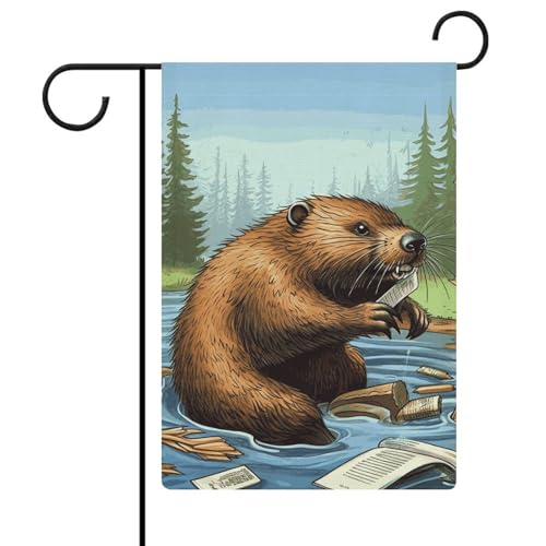Gartenflagge, 32,6 x 47,7 cm, doppelseitig, beschäftigter Biber, Cartoon, Willkommensflagge, saisonale dekorative Hofflagge, Outdoor-Flagge, kleine Gartenflaggen für den Außenbereich, Terrasse, Rasen von NWTRJ