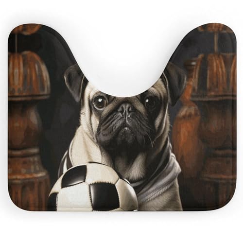 NWTRJ WC-Vorleger, U-förmig, ultraweich, super saugfähig, rutschfest, Mikrofaser, WC-Vorleger, Mops, Hunde mit Fußball, Fußball, Fußmatten für Badezimmer, Toilettenboden von NWTRJ
