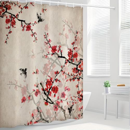 NXMYDBD Duschvorhang mit roten Pflaumenblüten, chinesischer Tuschmalerei-Stil, Polyestergewebe, maschinenwaschbar, Ganzjahres-Badezimmerdekor 160x190cm/63x75in(WxH) von NXMYDBD